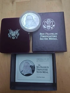 1992 Ben Franklin Firefighters 1 oz Silver Proof Coin with Box & COA - Picture 1 of 13