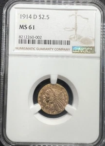1914 D Quarter Eagle NGC MS61 $2.5 Denver Minted Indian Head Gold Coin - Picture 1 of 2