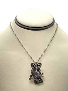 925 Sterling Silver Tourmaline / Amethyst Owl Necklace 20" 7.5g  - Picture 1 of 6