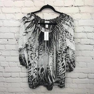 Chicos Top Women Extra Large 3 Black Tropic Thunder Peasant 3/4 Sleeve Sheer New - Picture 1 of 16