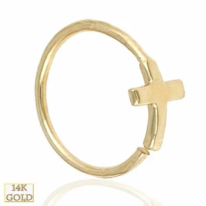 14k Solid Gold Cross Design Hoops Piercing Twist to Open - Picture 1 of 3