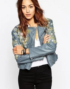 ASOS 252144 Womens Biker Jacket with Embellished Yoke Blue Size 10 US - Picture 1 of 3