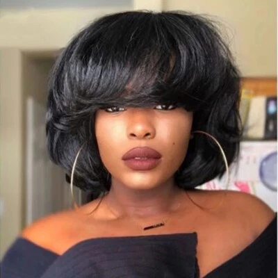 Peluca Bob Gruesa Pelucas de Cabello Humano Corto con Flequillo Corte Pixie Pelucas Bob Corte Capa Pelucas Foto 1 de 4