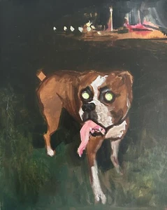 original impressionistisches Gemälde Hund Boxer Nocturne Öl signiert Liam 16x20 - Bild 1 von 3