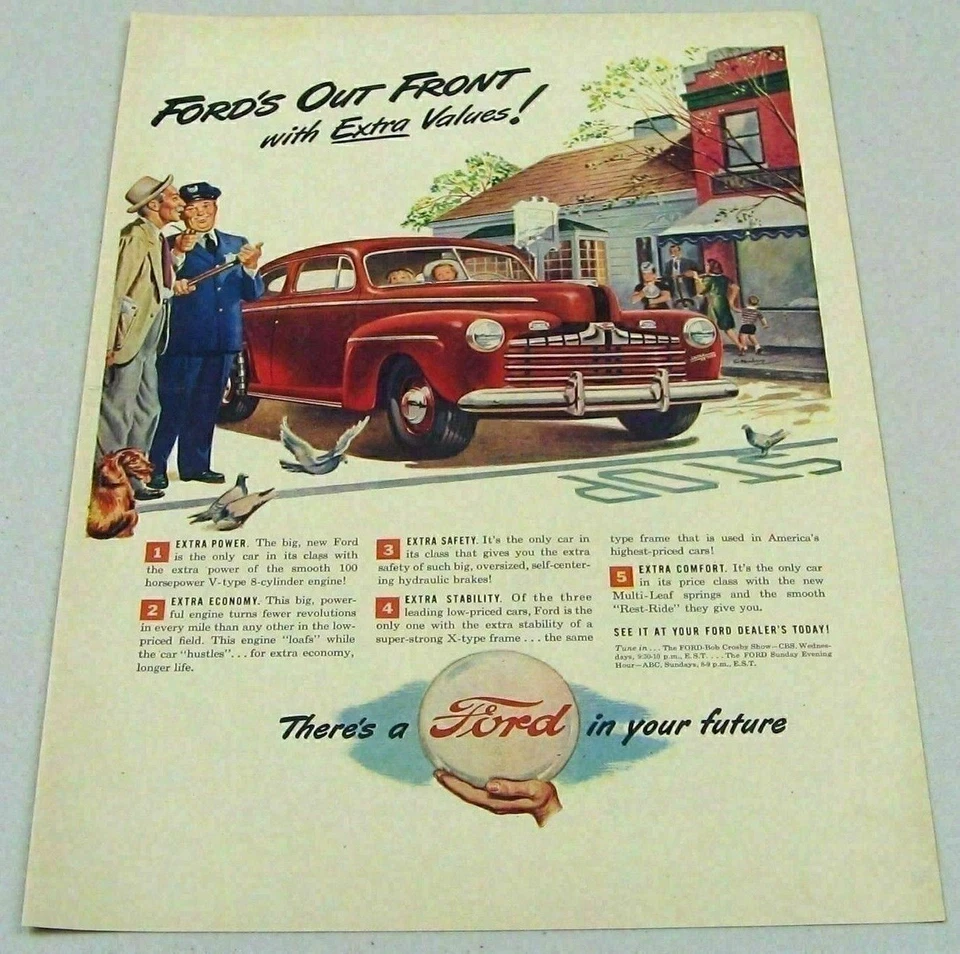 1946 Print Ad Ford Car in Small Town Police Man Admires Car Foto 1 de 1