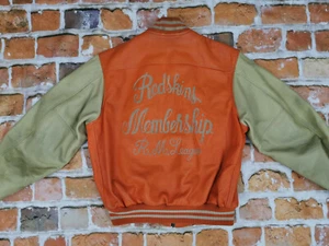 REDSKINS Vintage Leather Jacket MEMBERSHIP R.M. League Orange Beige Size: S Rare - Picture 1 of 12