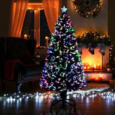 Pre Lit Fiber Optic Christmas Xmas Tree Colour Changing Xmas Lights Star Green - Image 1 of 4