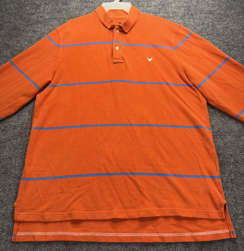 VTG American Eagle The Eagle Polo Shirt Men's Orange Striped Long Sleeve Sz 2XL - Изображение 1 из 4