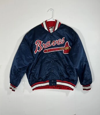 Винтажная синяя атласная куртка 90-х Wilson Atlanta Braves размер 48 США искусственно состаренная ЧИТАЙТЕ - Изображение 1 из 4