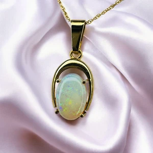 VINTAGE- 14K Gold -Natural Australian Opal Necklace -18"-1CTTW Boulder Opal-1.6g - Picture 1 of 24