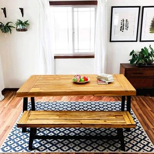 Outdoor Wood Table Bench Set Dining Table Wooden Bench Patio Furniture Set 2Pcs - Picture 1 of 8