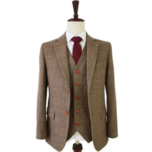 Classic Tweed Wool Blend Men Suit Herringbone Check Plaid Khaki Striped Blazer - Picture 1 of 12