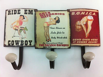 CLEVER-DEKO Wandgarderobe rustikal Pin up Girl Metall Garage Cowboy Antik - Stil PinUpGirls