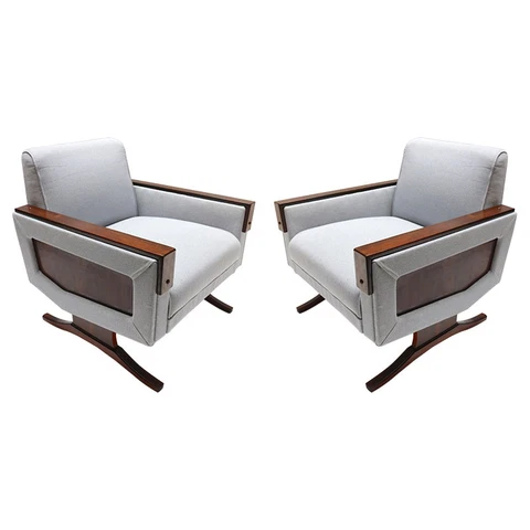 Pair of 1960s Brazilian Jacaranda Armchairs in Grey Linen Cover