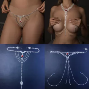 Sexy Chain Bikini Chest Bra Thong Panties for women Rhinestone body waist Chains - Picture 1 of 21