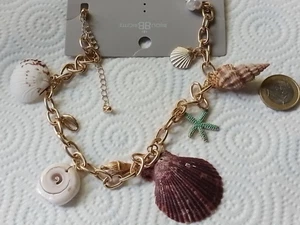 Kette Halskette goldfarbene Gliederkette Anhänger  Muscheln Schnecken maritim - Bild 1 von 2