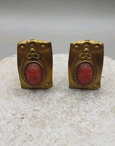 Orecchini Vintage Tono Oro Ottone E Scarabeo Rosso Designer Clip On - Foto 1 di 9