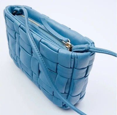 ZARA 蓝色织布绗缝皮革斜挎包 6781/510 全新带标签 — 第 1/4 张图片