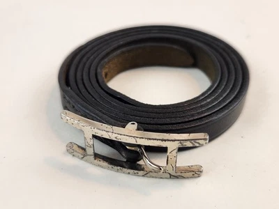 Autêntica Pulseira Hermes Api Couro Preto Fivela H Pulseira Envoltório Longo Prata - Imagem 1 de 4