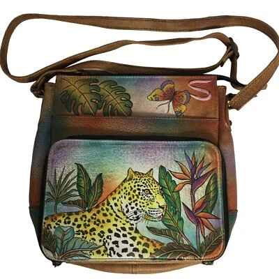 Anuschka NUNCA USADO Cuero Pintado a Mano Delgado Hombro Organizador de Viaje Leopardo Foto 1 de 4