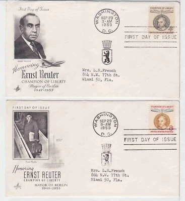 TurtlesTradingPost - Ernst Reuter 1959 #1136-37 Artcraft Cachet FDC- Both Covers - Image 1 of 3