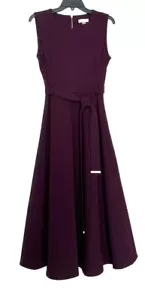CALVIN KLEIN S/LESS FIT&FLARE, BELTED MIDI DRESS, AUBERGINE, SIZE 10 NWT - Picture 1 of 9