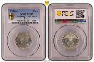 Nazi Coin - PCGS MS63 1938-A 2 Mk Reichsmark Hindenburg J-366 Silver Germany 548 - Picture 1 of 3