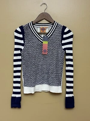 Blusa de malha leve Tory Burch gola V manga longa com nervuras AZUL MARINHO tamanho XS nova com etiquetas - Imagem 1 de 4