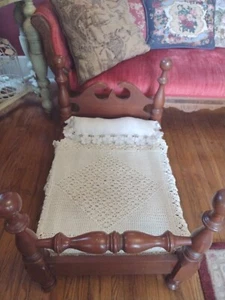 Heirloom Quality Cherry Queen Anne Bed 18" Dolls w/ Crochet Coverlet Pillow - Picture 1 of 12