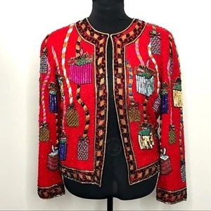 Amazing 100% silk beaded holiday party jacket sz S - Picture 1 of 14
