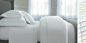 Yves Delorme Athena White King Duvet Set 3PC Aqua Lagon Stripe Percale 500TC NEW - Picture 1 of 6