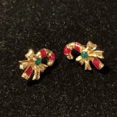 Pendientes Bastón de Caramelo Vintage Tono Dorado Esmalte Rojo Tachuelas 1997 Avon Caja Original Foto 1 de 4
