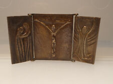 70er Jahre religiös schlichtes Triptychon Bronze Relief Jesus 6 x 6 cm 134 g 