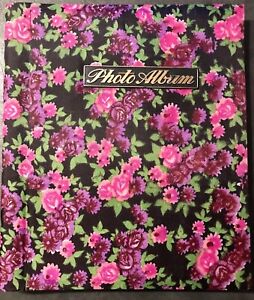 Photo Album Vintage Cloth Covered 10x11" 1980s Purple Pink Flowers Self Adhesive