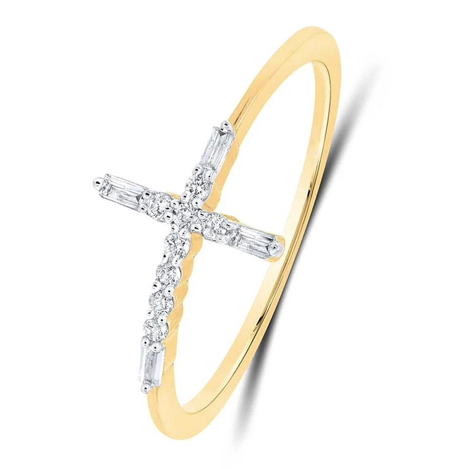 0.10CTW Natural Diamond 10K Yellow Gold Round Baguette Sideways Cross Ring - Image 1 of 2