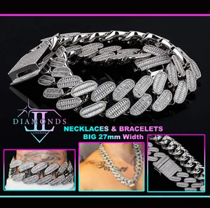 Baguette Simulated Diamond Cuban Link Chain, Mens Iced Out Chain, Iced Out Chain - Picture 1 of 18