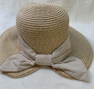 Womens Straw Hat One Size D&Y Brown Beach Floppy Boho Linen Bow Style ABU201724 - Picture 1 of 12