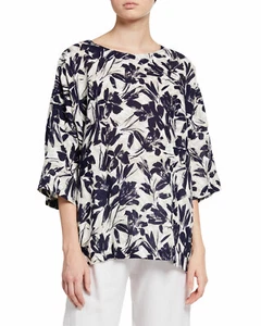NUEVO CON ETIQUETAS Camisa Túnica Eskandar Azul Marino Talla 1 Floral Lirios Lino ¡TEMPORADA ACTUAL!! - Imagen 1 de 3
