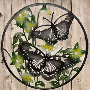 Grey And Green Butterfly Metal Garden Outdoor Wall Art Plaque 50cm Diameter - Picture 1 of 9