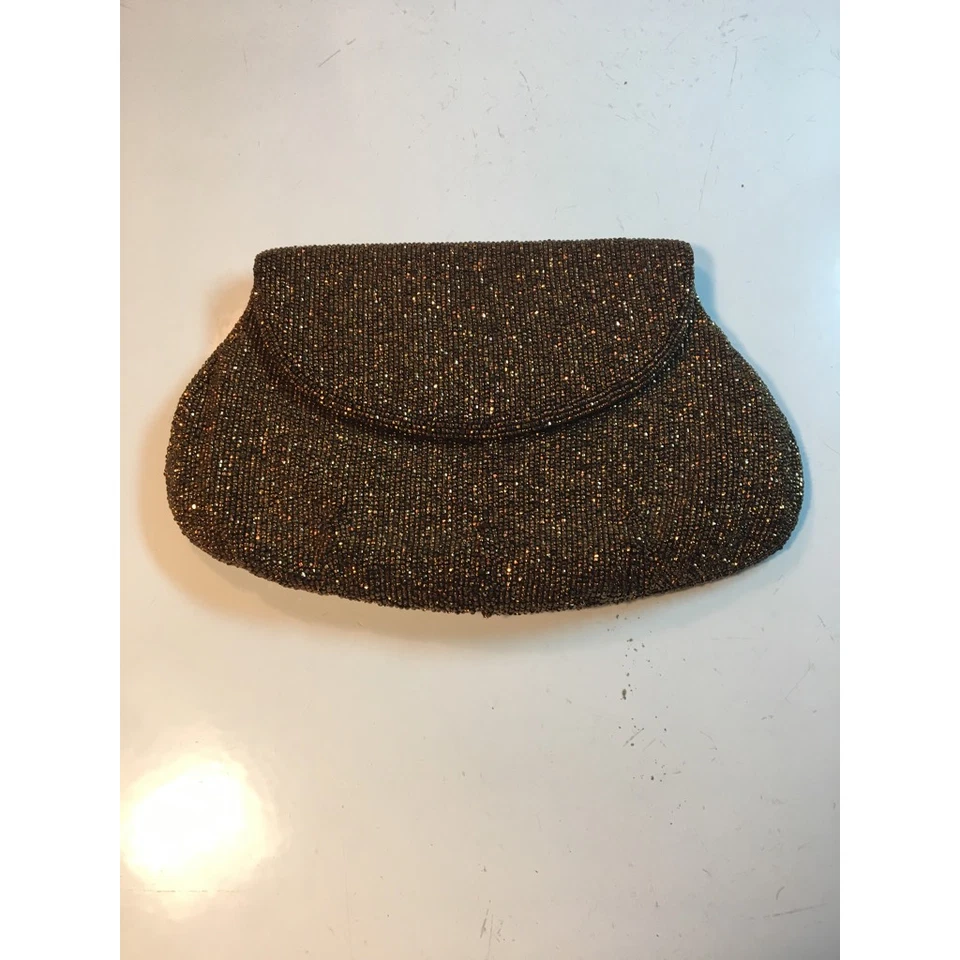 复古女式青铜串珠手拿包棕色织物晚装包 Snap — 第 1/4 张图片