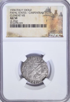 1594 ITALIA 1 DOUZ ESTADOS PAPALES CARPENTRAS PAPA CLEMENTE VIII ~ ¡SOBRE UNC NGC AU50! Foto 1 de 4