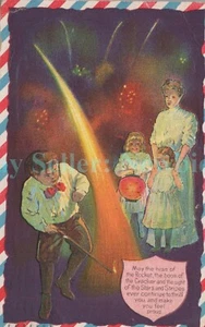 Cuatro de Julio - NIÑO ILUMINANDO FUEGOS ARTIFICIALES Y LINTERNA - Postal Patriótica 4to - Imagen 1 de 2