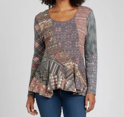 Top Sacred Threads Boho Patchwork Manga Larga Elástico Acrílico Peplum - Grande  Foto 1 de 4