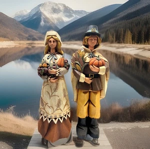 Pacific Rim Cubist Thanksgiving Harvest Pilgrim Man & Woman Figures 17” Tall - Bild 1 von 6