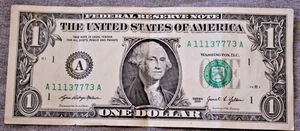 2021 1 Dollar Bill Fancy Serial Number Trinary Note A11137773A-Triple AAA - Bild 1 von 2
