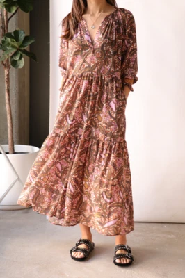 Xirena Olsen Midi Dress Womens Small Brown Pink Batik Long Sleeve V-Neck Boho - Image 1 of 4