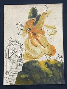 SALVADOR DALÍ drawing and painting on old paper signed stamped vintage - Picture 1 of 2