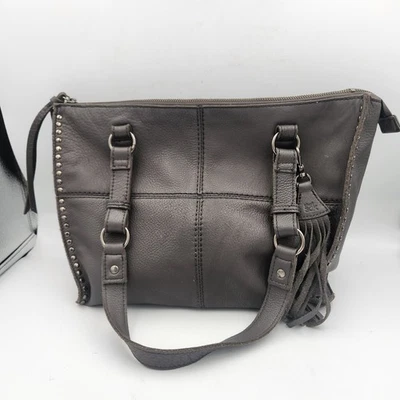 The Sak Silverlake Gray Leather Shoulder Bag with Fringe & Studs Boho Tote - Image 1 of 4