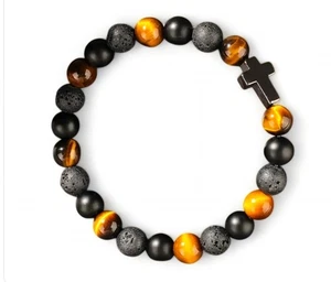 NUEVO CON ETIQUETAS - PULSERA CRUZ OJO DE TIGRE CUENTAS ELÁSTICA AJUSTABLE - Imagen 1 de 3