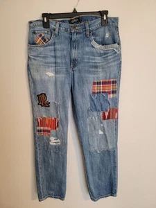 Women's 6 RL Ralph Lauren Blue Jeans Black Label Patchwork Relaxed Tapered Denim - Picture 1 of 10